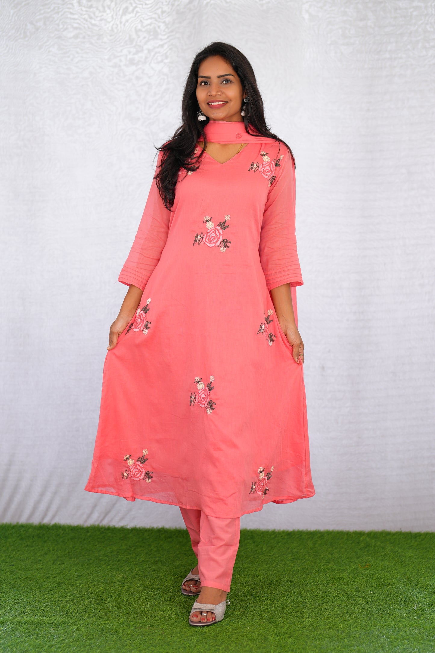 Pink Color Mul Cotton 3 Piece Set With Embroidery work and Complete Lining