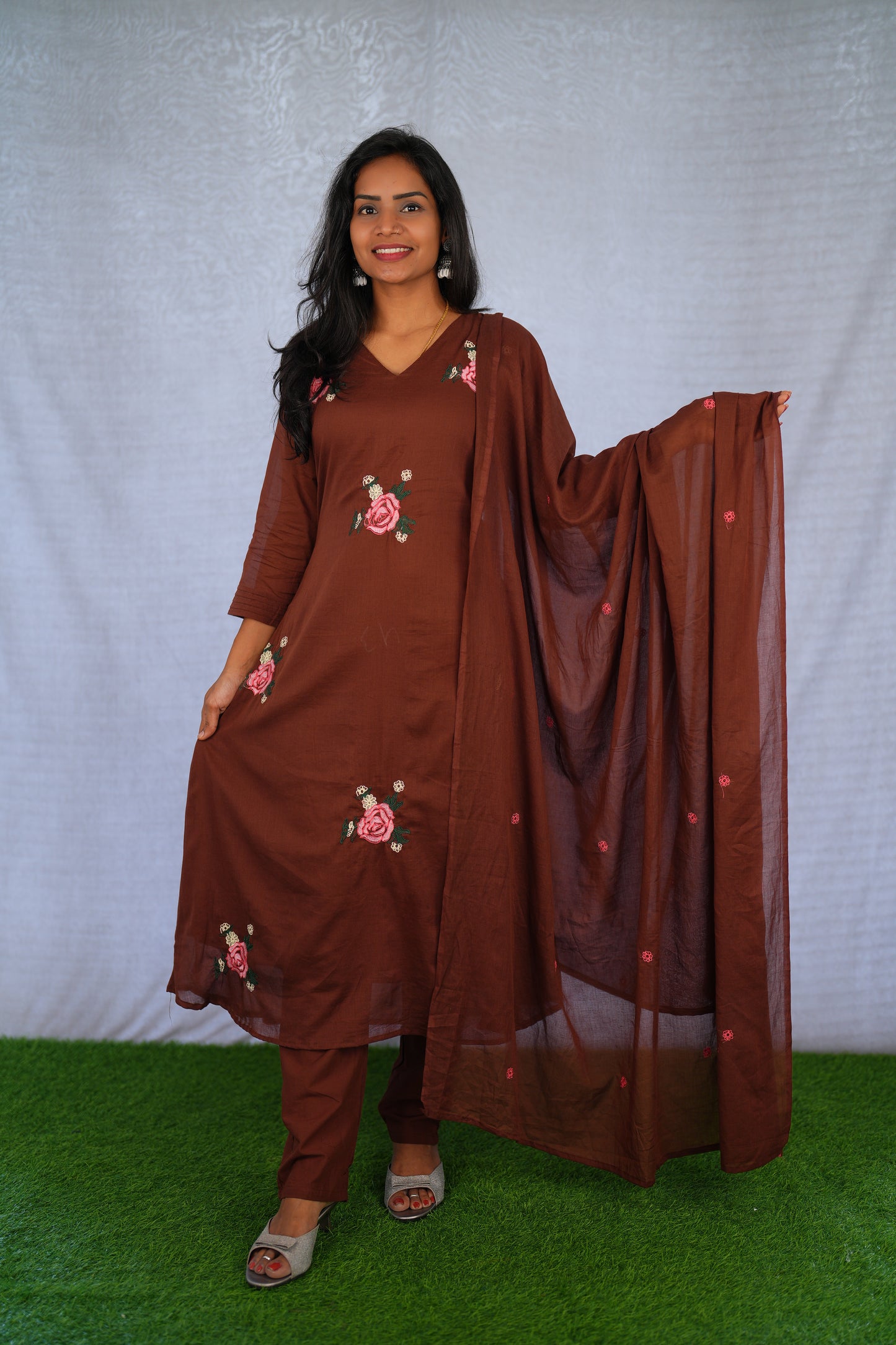 Brown Color Mul Cotton 3 Piece Set With Embroidery work and Complete Lining