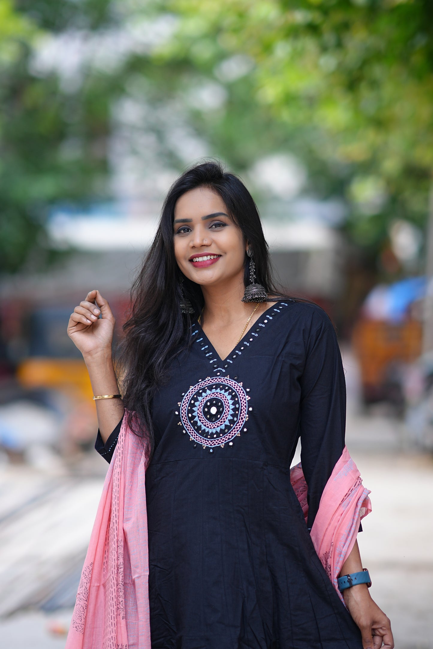 Black Color Kali Pattern Anarkali 3 Piece Set With Contrast Duppata