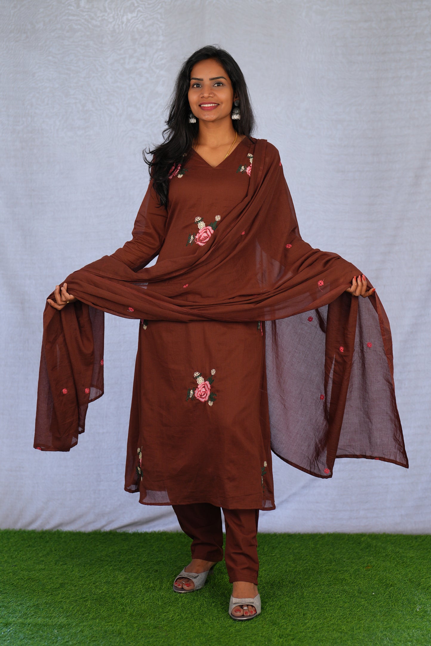 Brown Color Mul Cotton 3 Piece Set With Embroidery work and Complete Lining