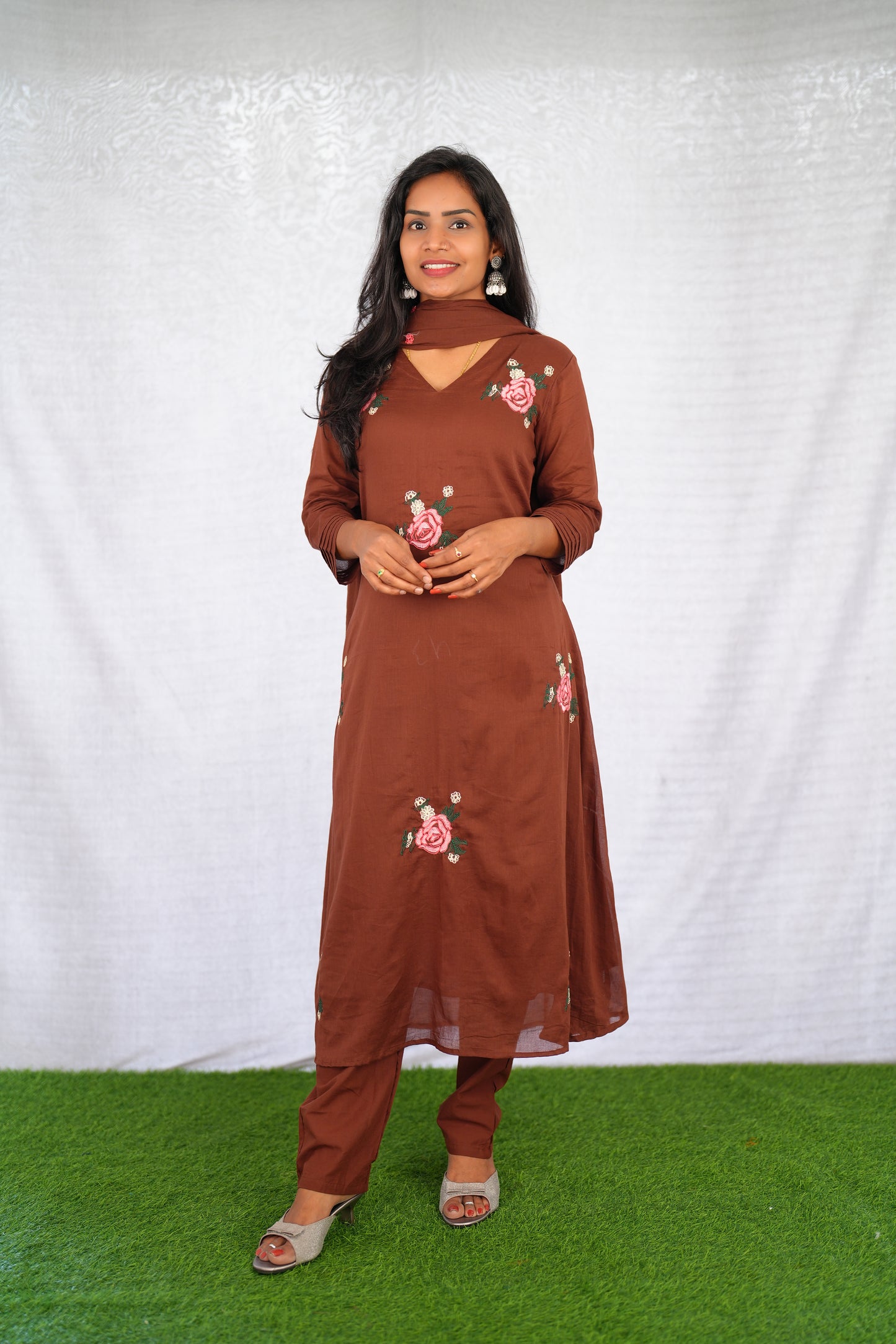 Brown Color Mul Cotton 3 Piece Set With Embroidery work and Complete Lining
