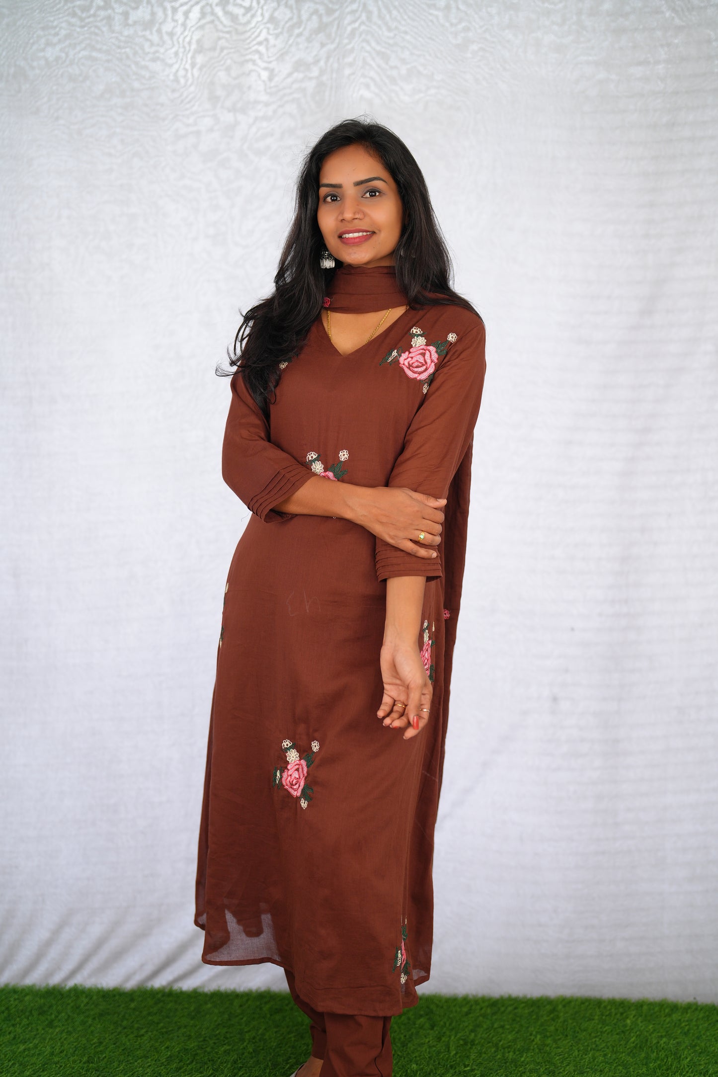 Brown Color Mul Cotton 3 Piece Set With Embroidery work and Complete Lining