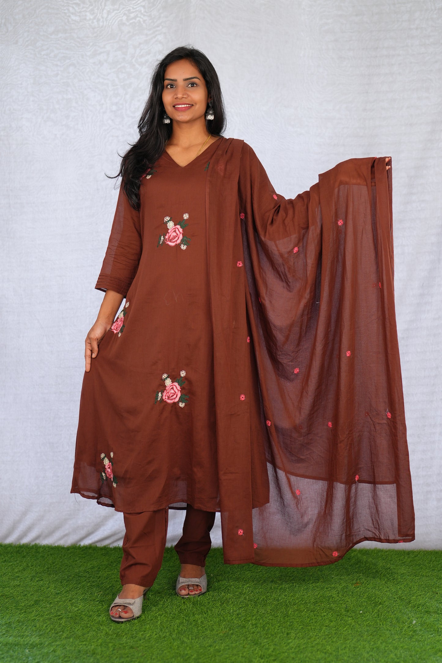 Brown Color Mul Cotton 3 Piece Set With Embroidery work and Complete Lining