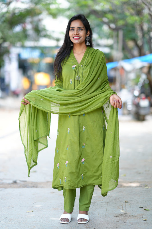 Designer Wear Mehendhi Green Color Mul Cotton 3 Piece Set With Complete Lining