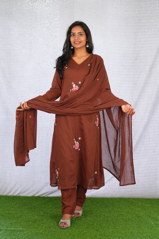 Brown Color Mul Cotton 3 Piece Set With Embroidery work and Complete Lining