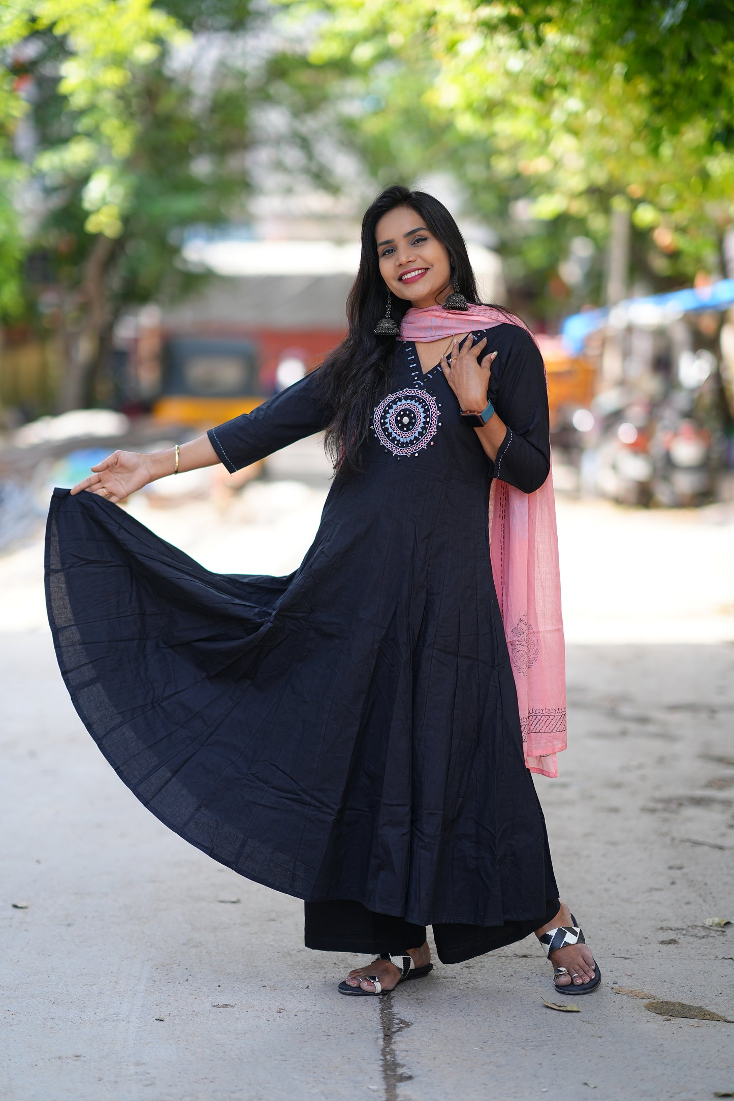 Black Color Kali Pattern Anarkali 3 Piece Set With Contrast Duppata