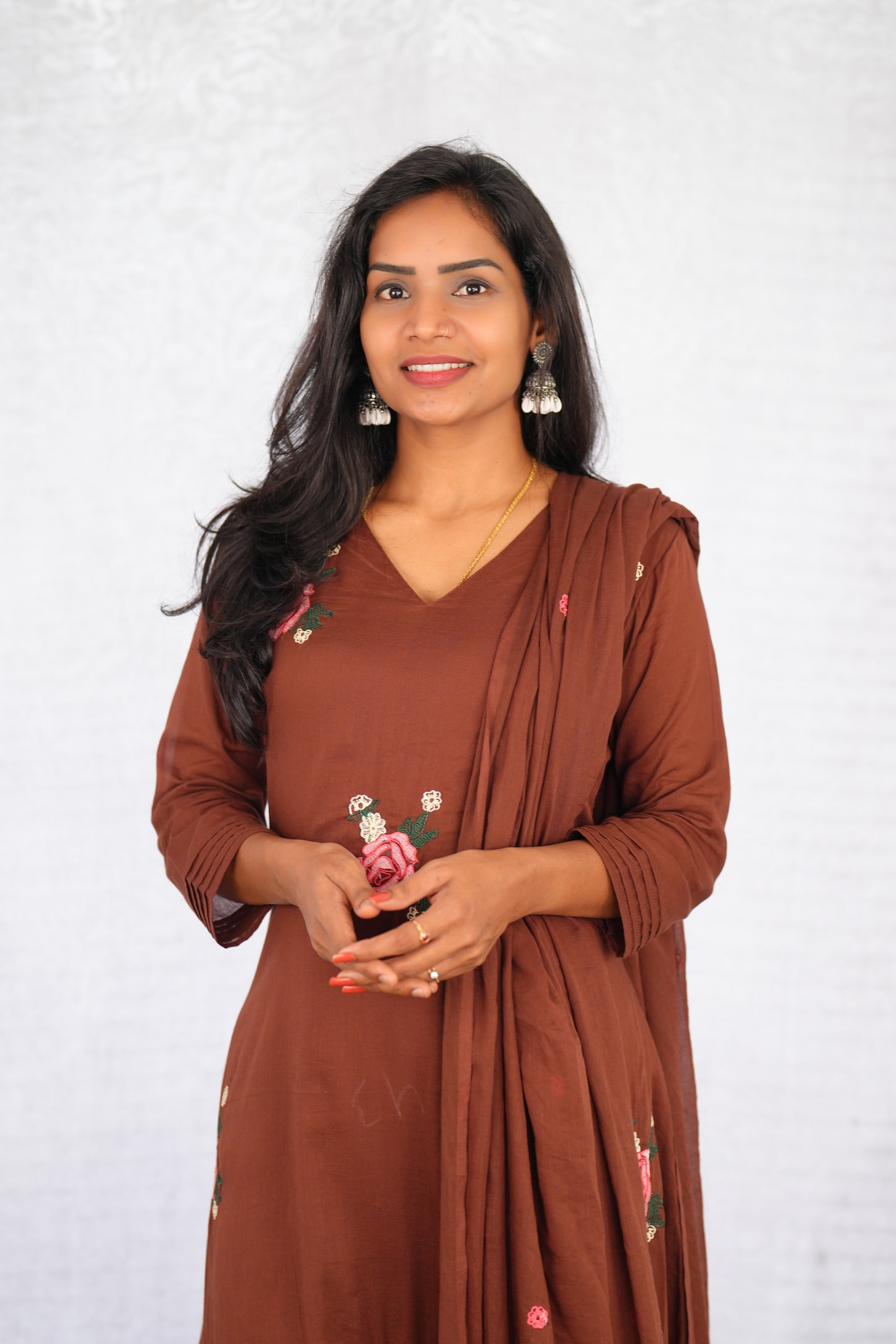 Brown Color Mul Cotton 3 Piece Set With Embroidery work and Complete Lining