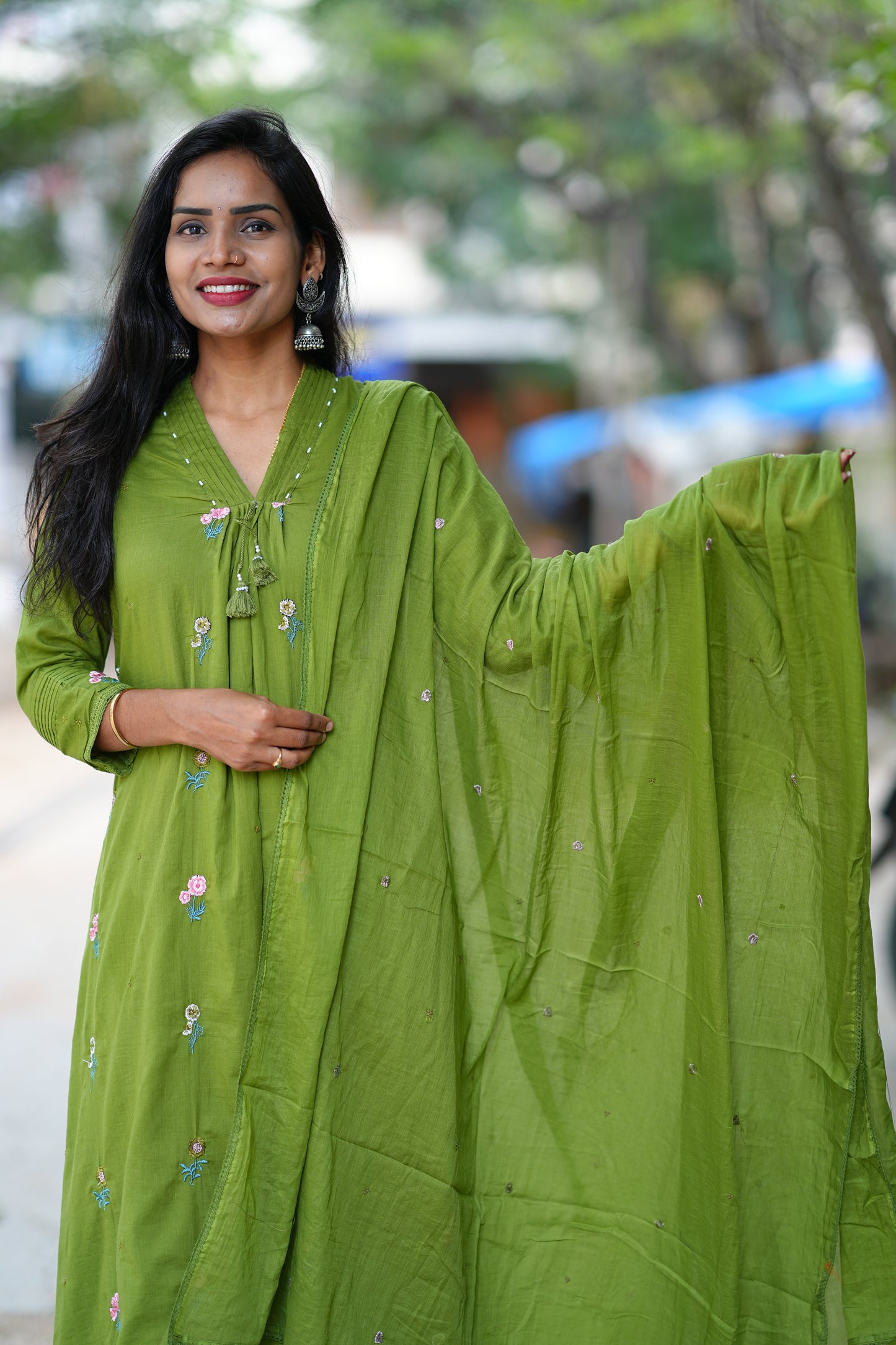 Designer Wear Mehendhi Green Color Mul Cotton 3 Piece Set With Complete Lining