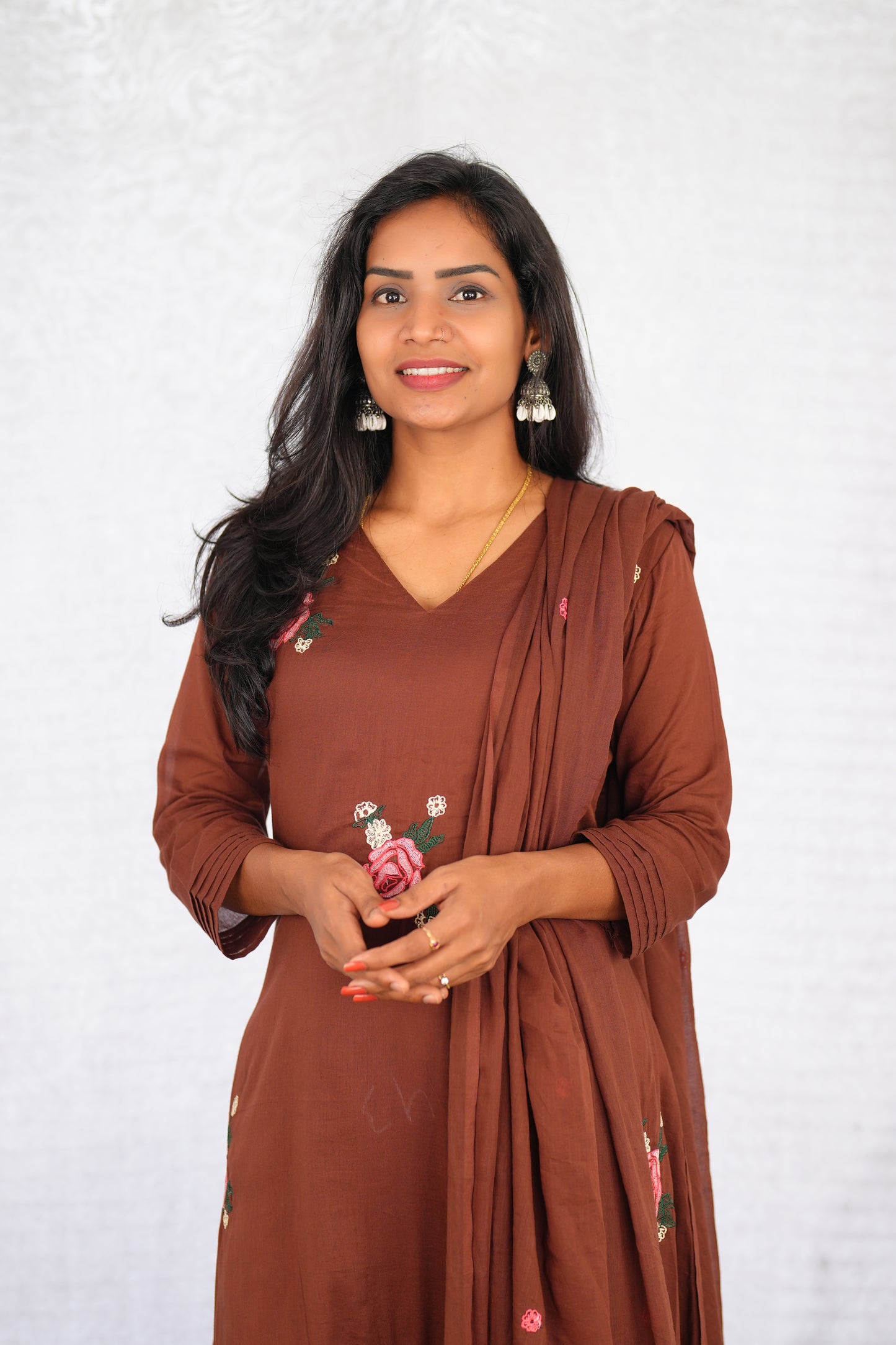 Brown Color Mul Cotton 3 Piece Set With Embroidery work and Complete Lining