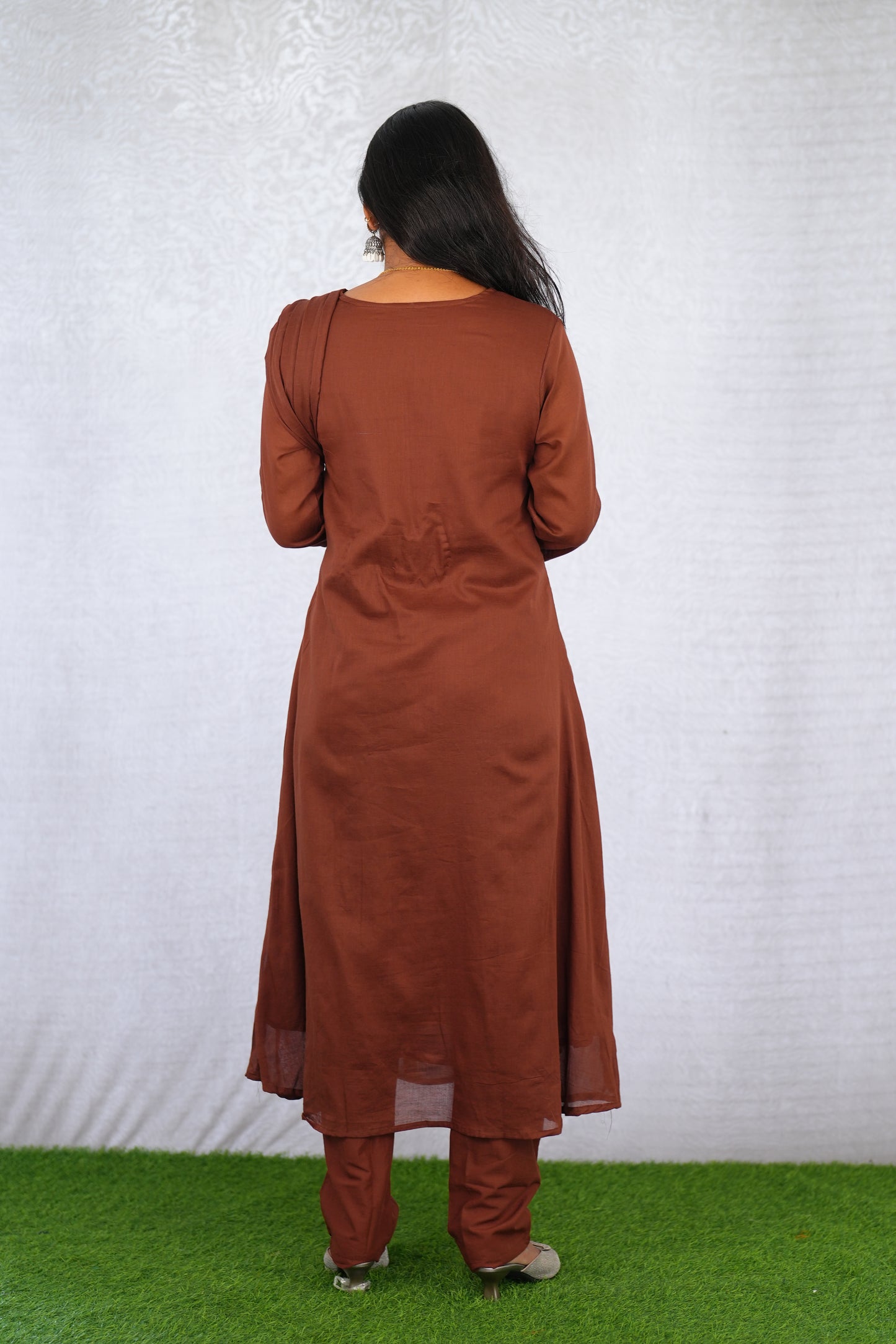 Brown Color Mul Cotton 3 Piece Set With Embroidery work and Complete Lining