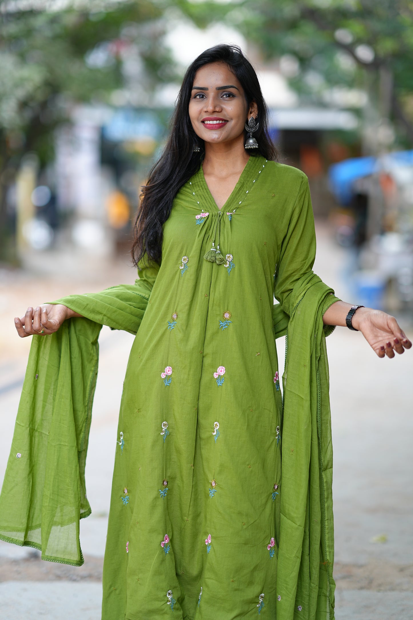 Designer Wear Mehendhi Green Color Mul Cotton 3 Piece Set With Complete Lining