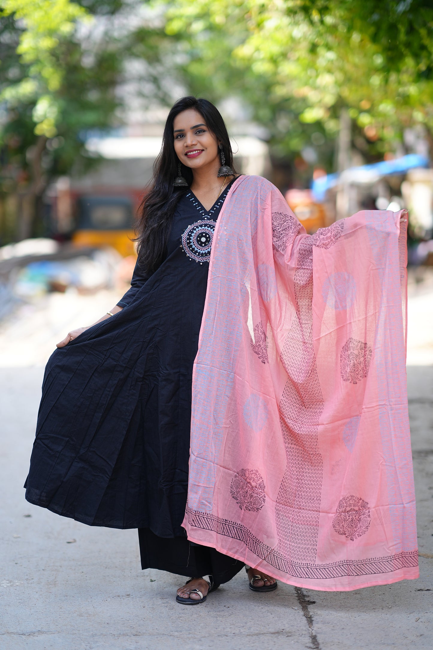 Black Color Kali Pattern Anarkali 3 Piece Set With Contrast Duppata