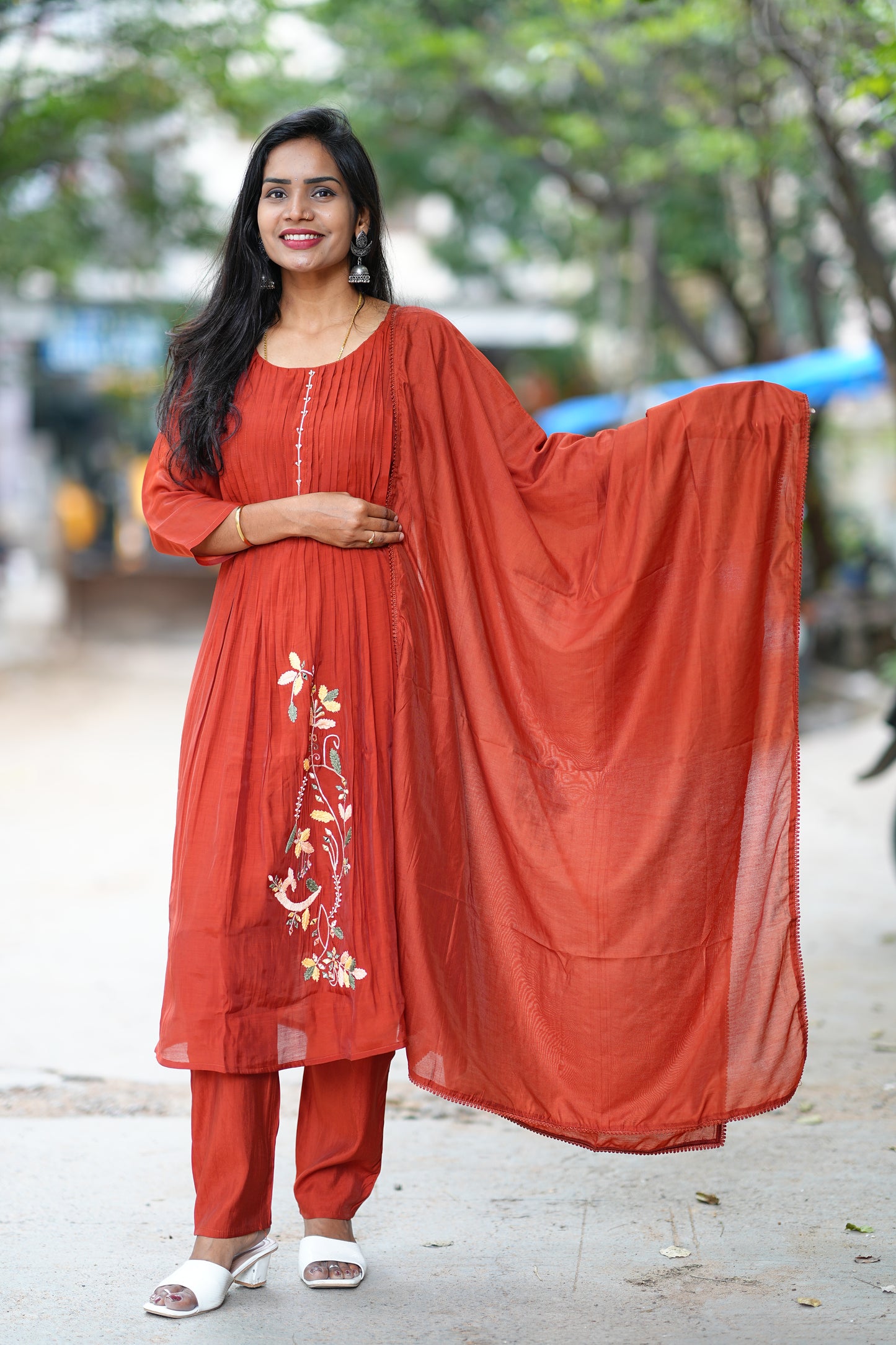 Rust Orange Designer Wear Mul Chanderi 3 Piece Set