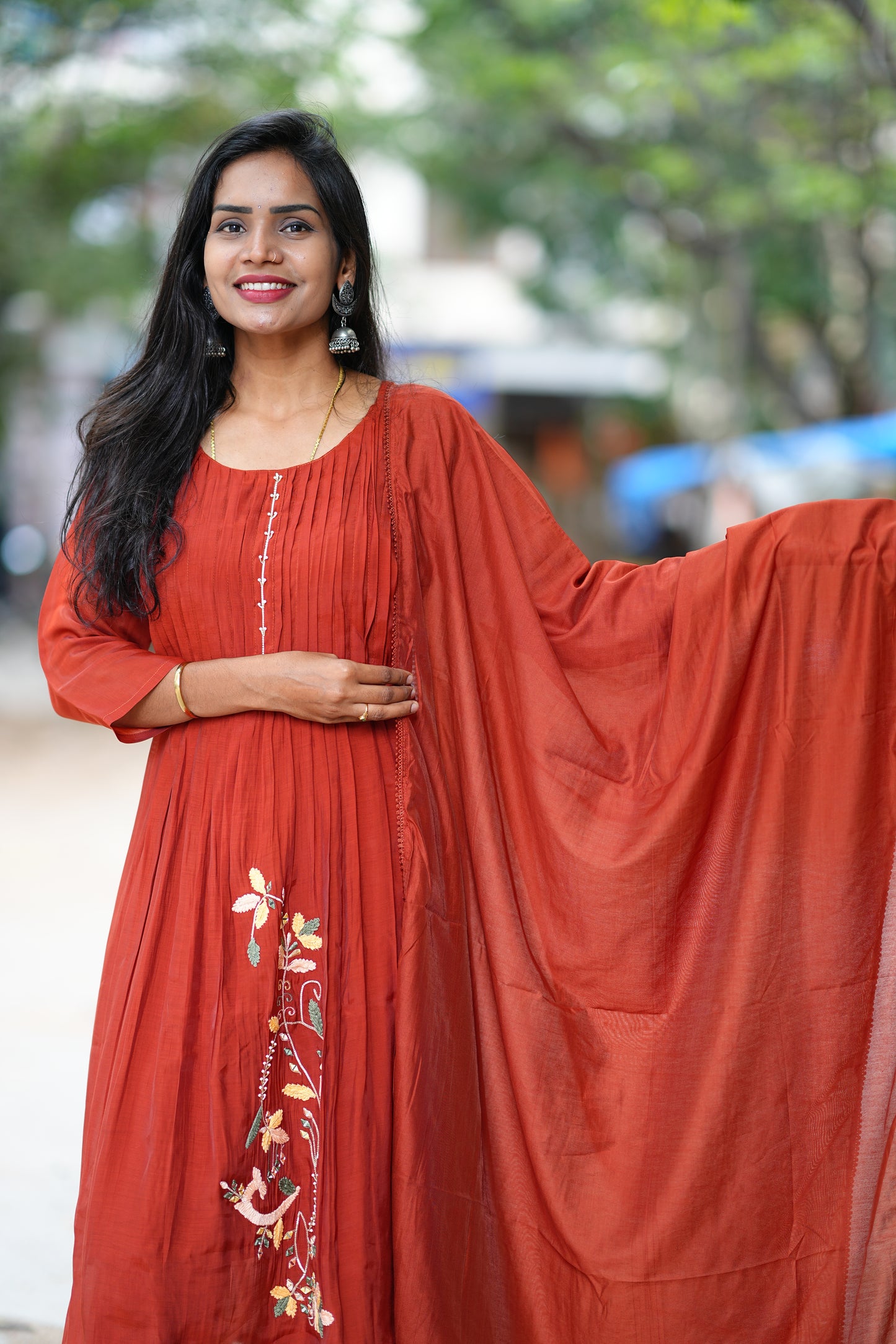 Rust Orange Designer Wear Mul Chanderi 3 Piece Set