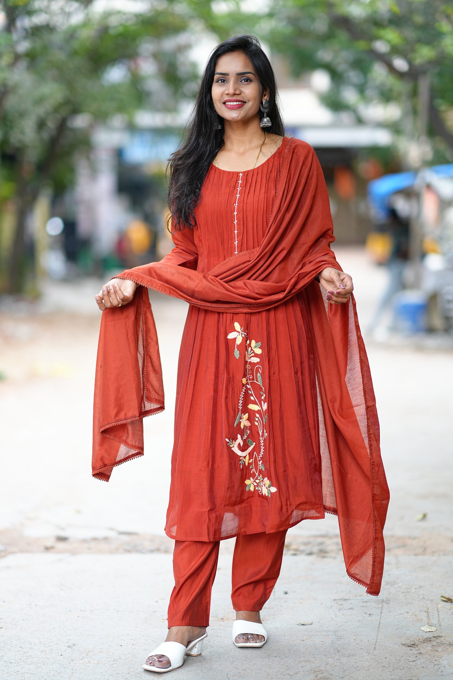 Rust Orange Designer Wear Mul Chanderi 3 Piece Set