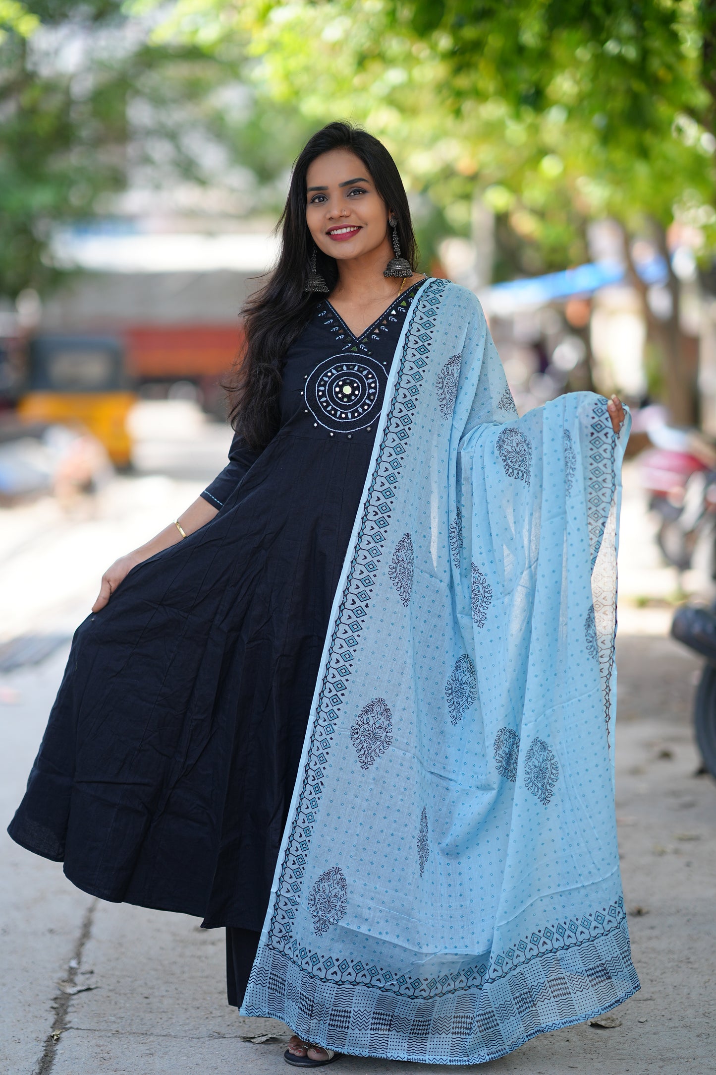 Navy Blue Color Kali Pattern Anarkali 3 Piece Set With Contrast Duppata