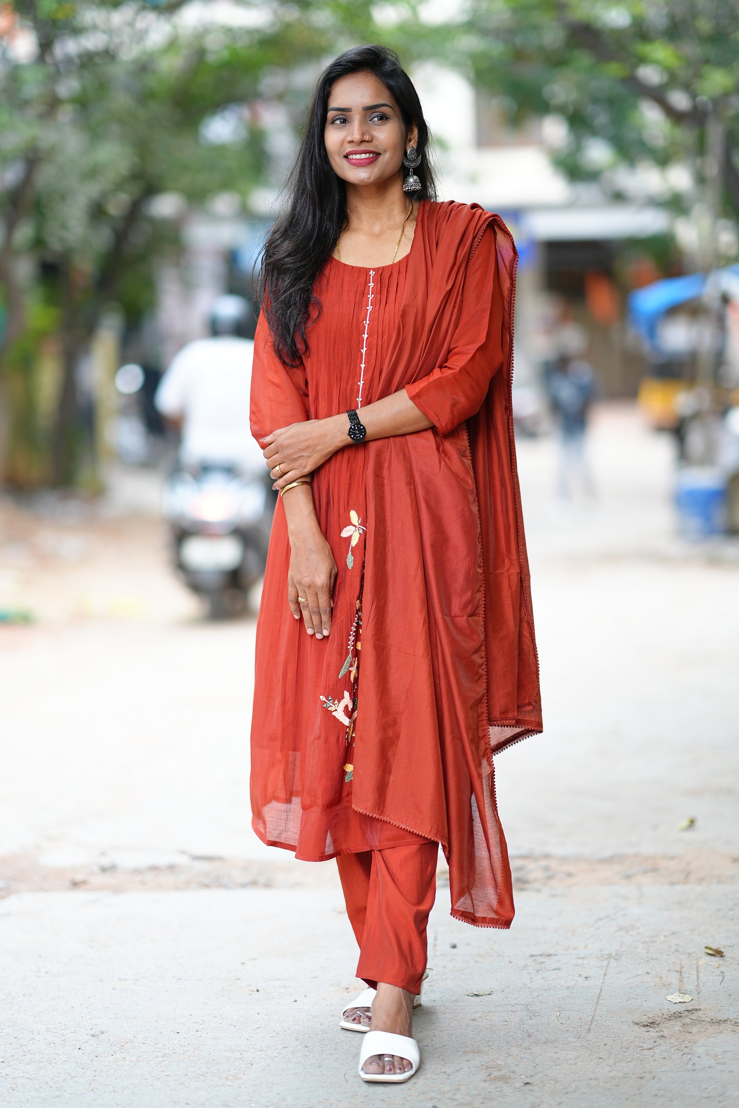 Rust Orange Designer Wear Mul Chanderi 3 Piece Set