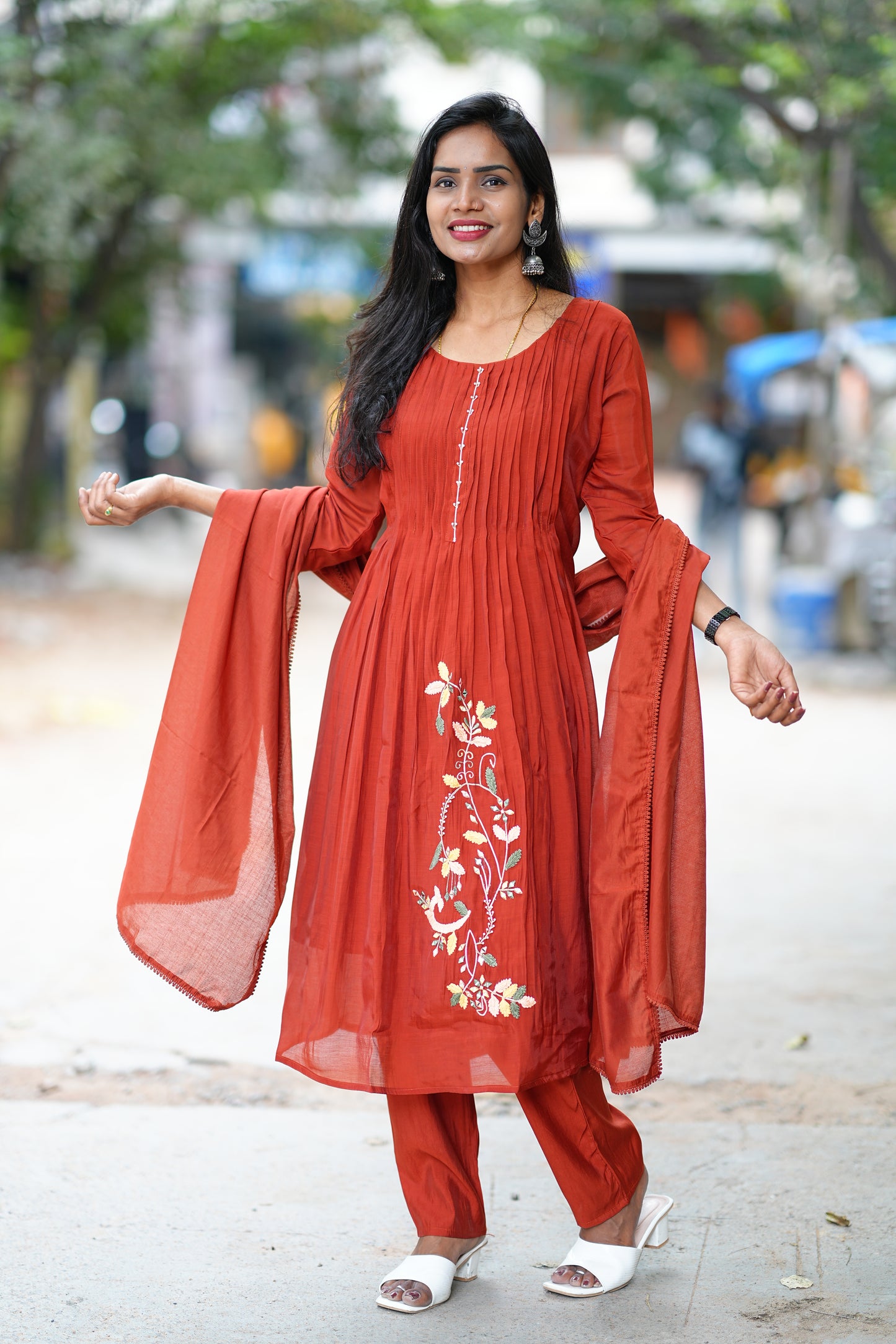 Rust Orange Designer Wear Mul Chanderi 3 Piece Set