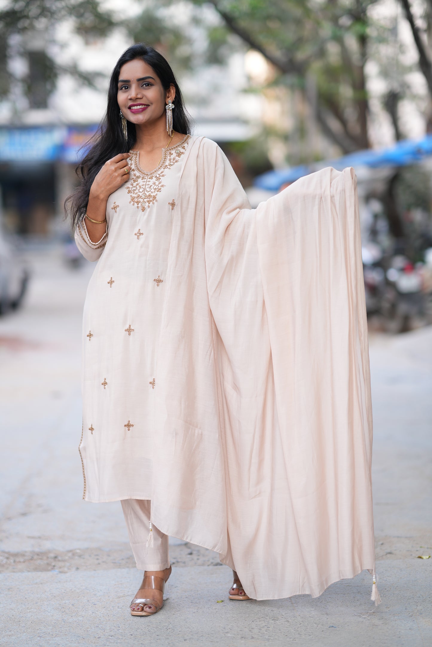Beige Mul Chanderi Festive Wear 3 Piece Set With Embroidery work and Complete Lining