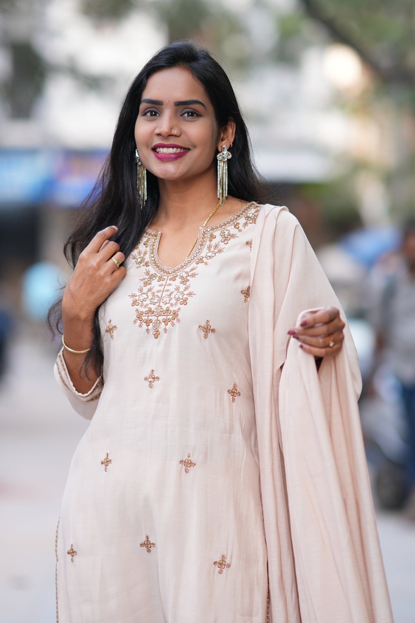 Beige Mul Chanderi Festive Wear 3 Piece Set With Embroidery work and Complete Lining