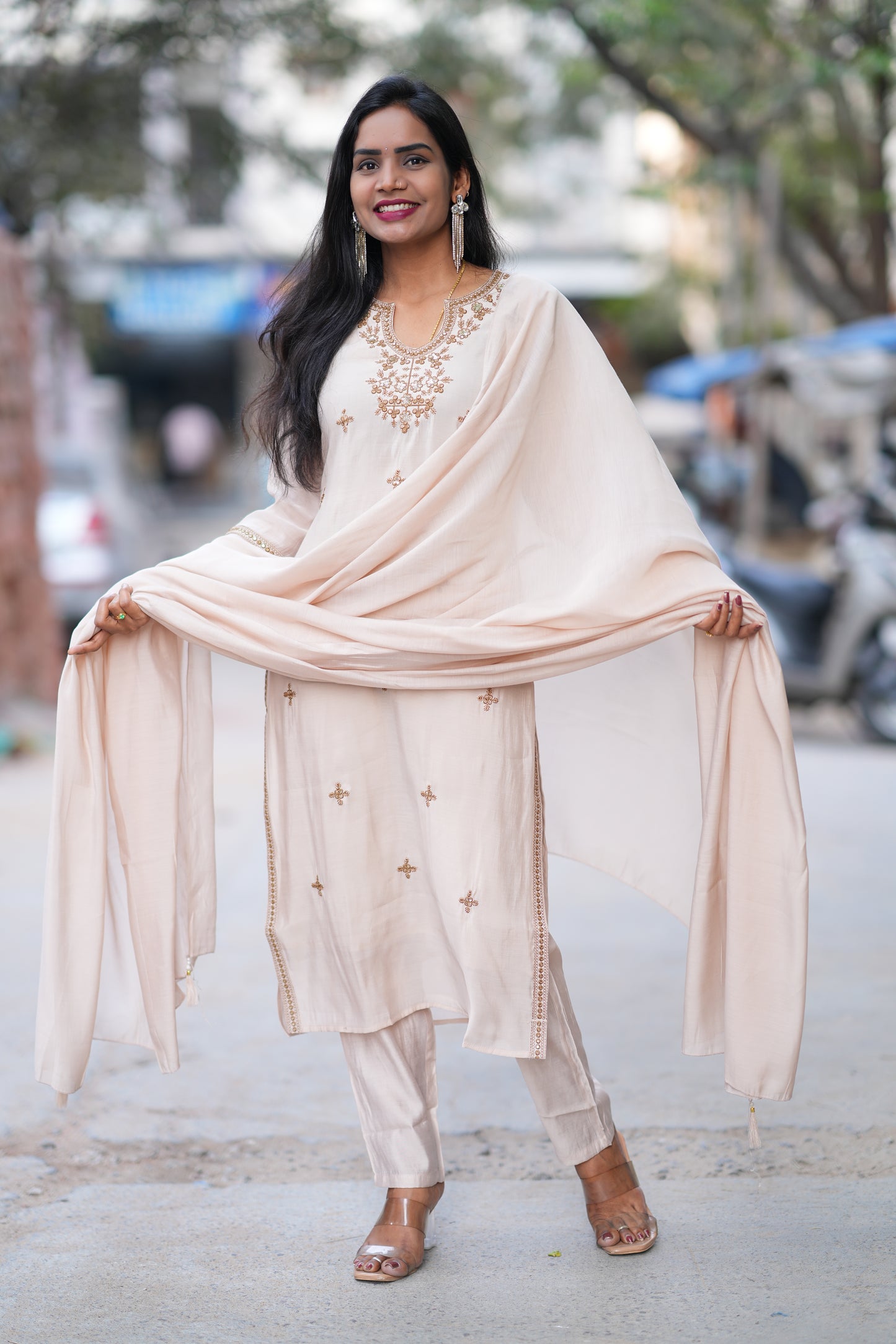 Beige Mul Chanderi Festive Wear 3 Piece Set With Embroidery work and Complete Lining