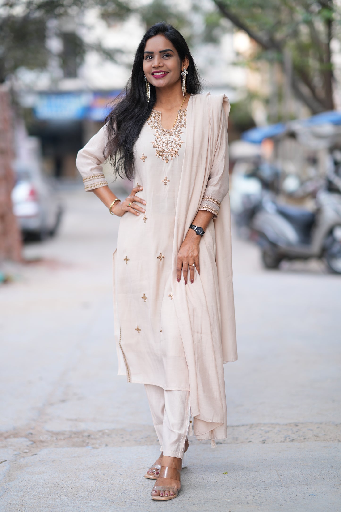 Beige Mul Chanderi Festive Wear 3 Piece Set With Embroidery work and Complete Lining
