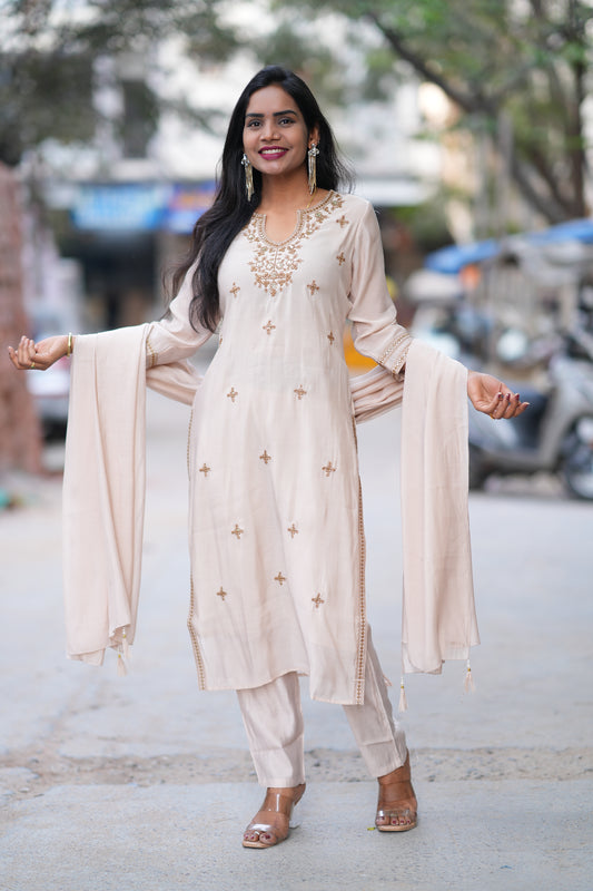 Beige Mul Chanderi Festive Wear 3 Piece Set With Embroidery work and Complete Lining