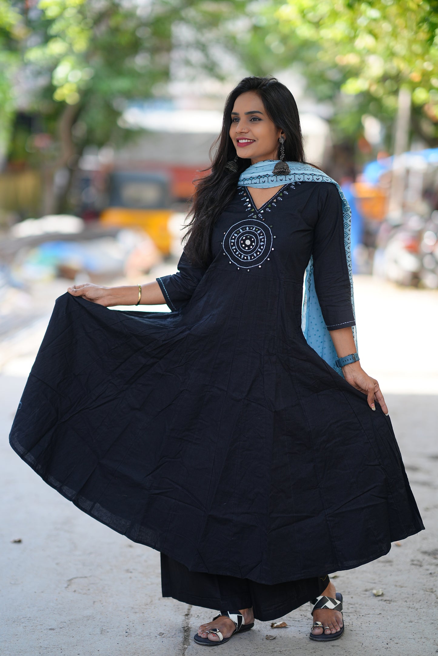 Navy Blue Color Kali Pattern Anarkali 3 Piece Set With Contrast Duppata