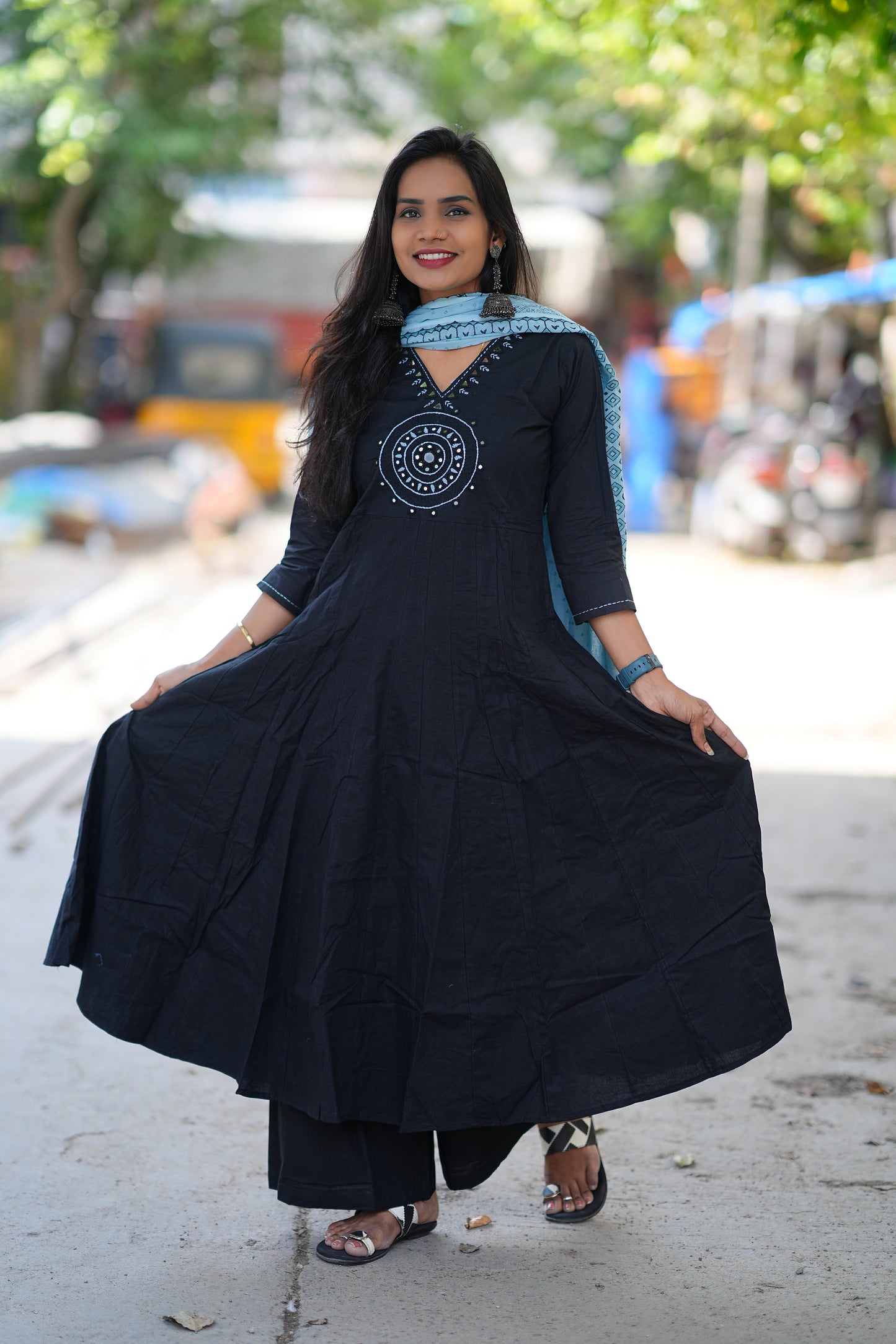 Navy Blue Color Kali Pattern Anarkali 3 Piece Set With Contrast Duppata