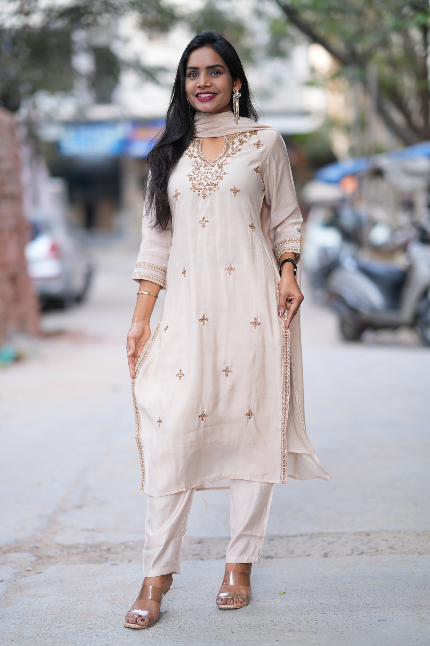 Beige Mul Chanderi Festive Wear 3 Piece Set With Embroidery work and Complete Lining