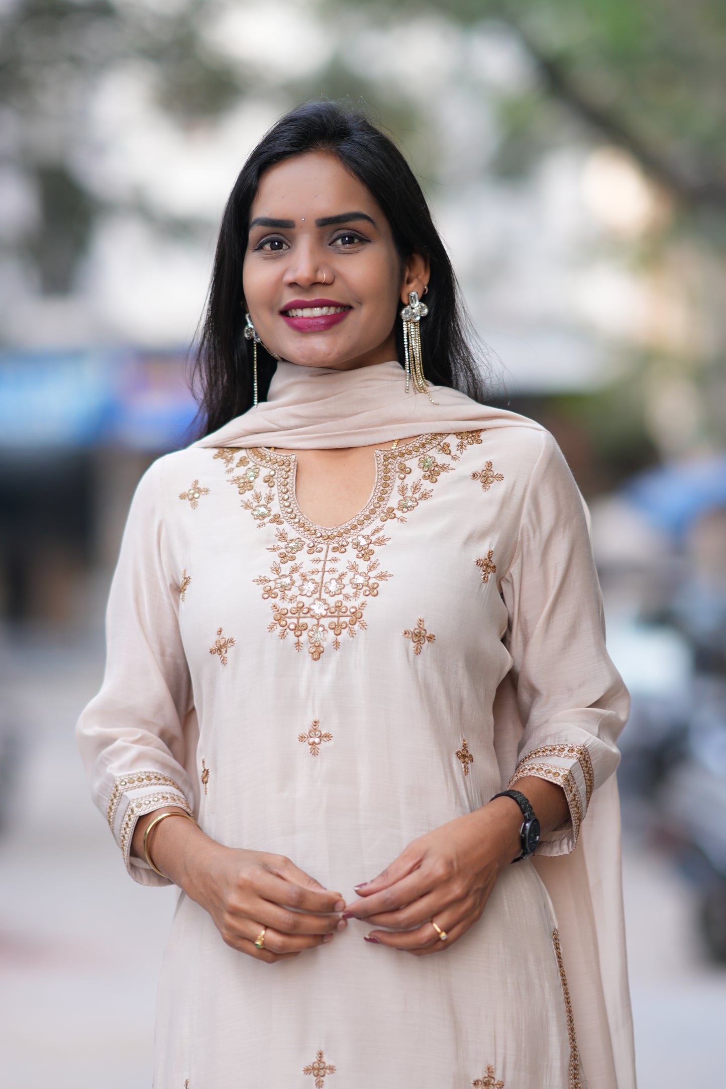Beige Mul Chanderi Festive Wear 3 Piece Set With Embroidery work and Complete Lining