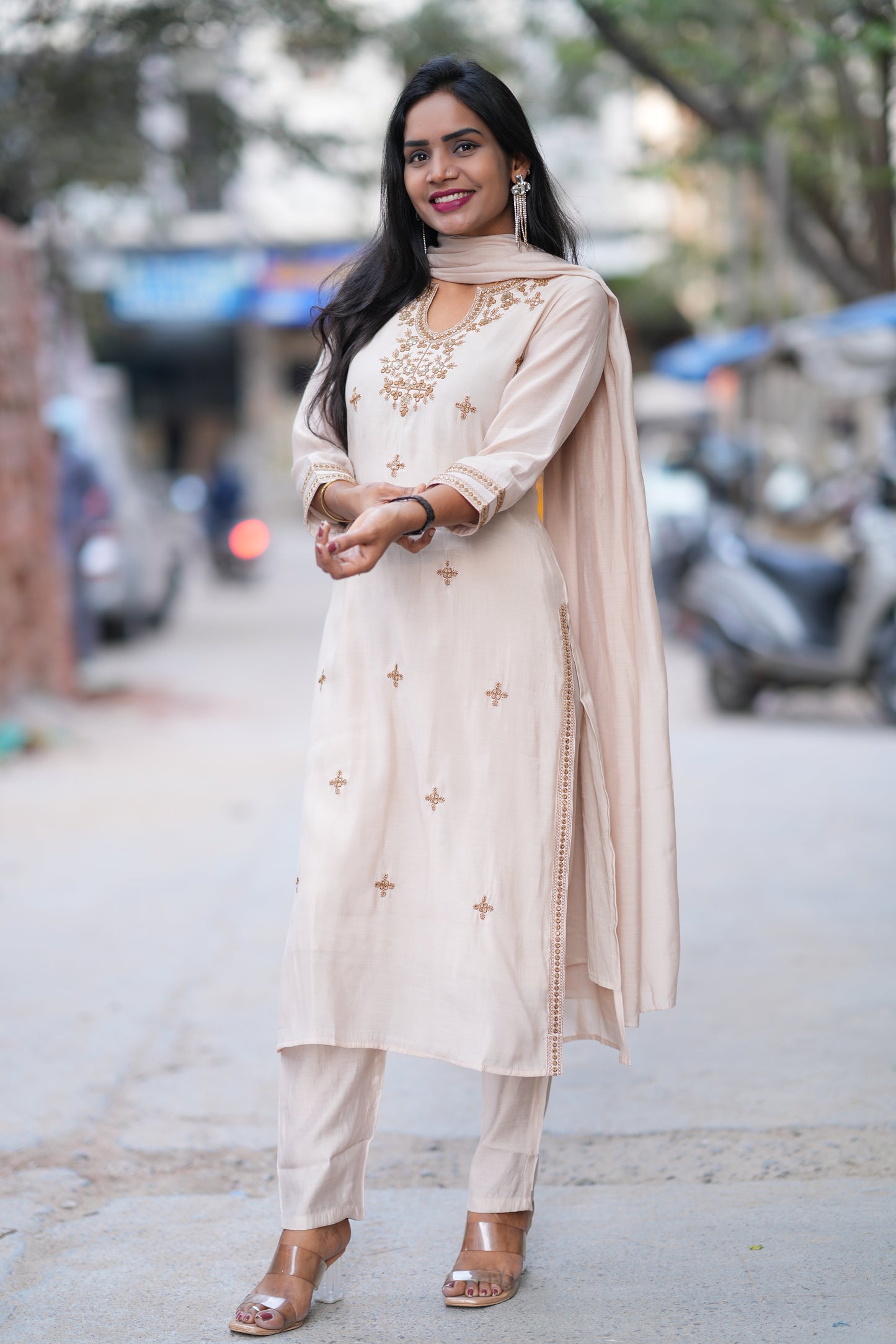 Beige Mul Chanderi Festive Wear 3 Piece Set With Embroidery work and Complete Lining