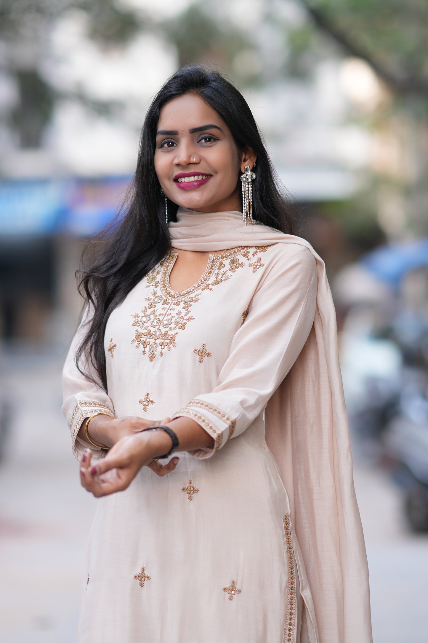 Beige Mul Chanderi Festive Wear 3 Piece Set With Embroidery work and Complete Lining