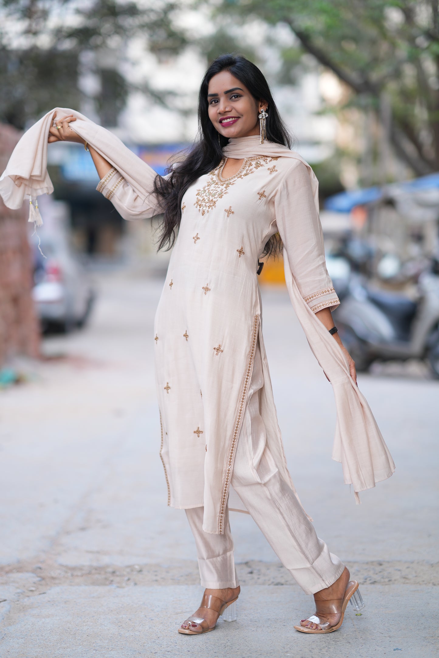 Beige Mul Chanderi Festive Wear 3 Piece Set With Embroidery work and Complete Lining