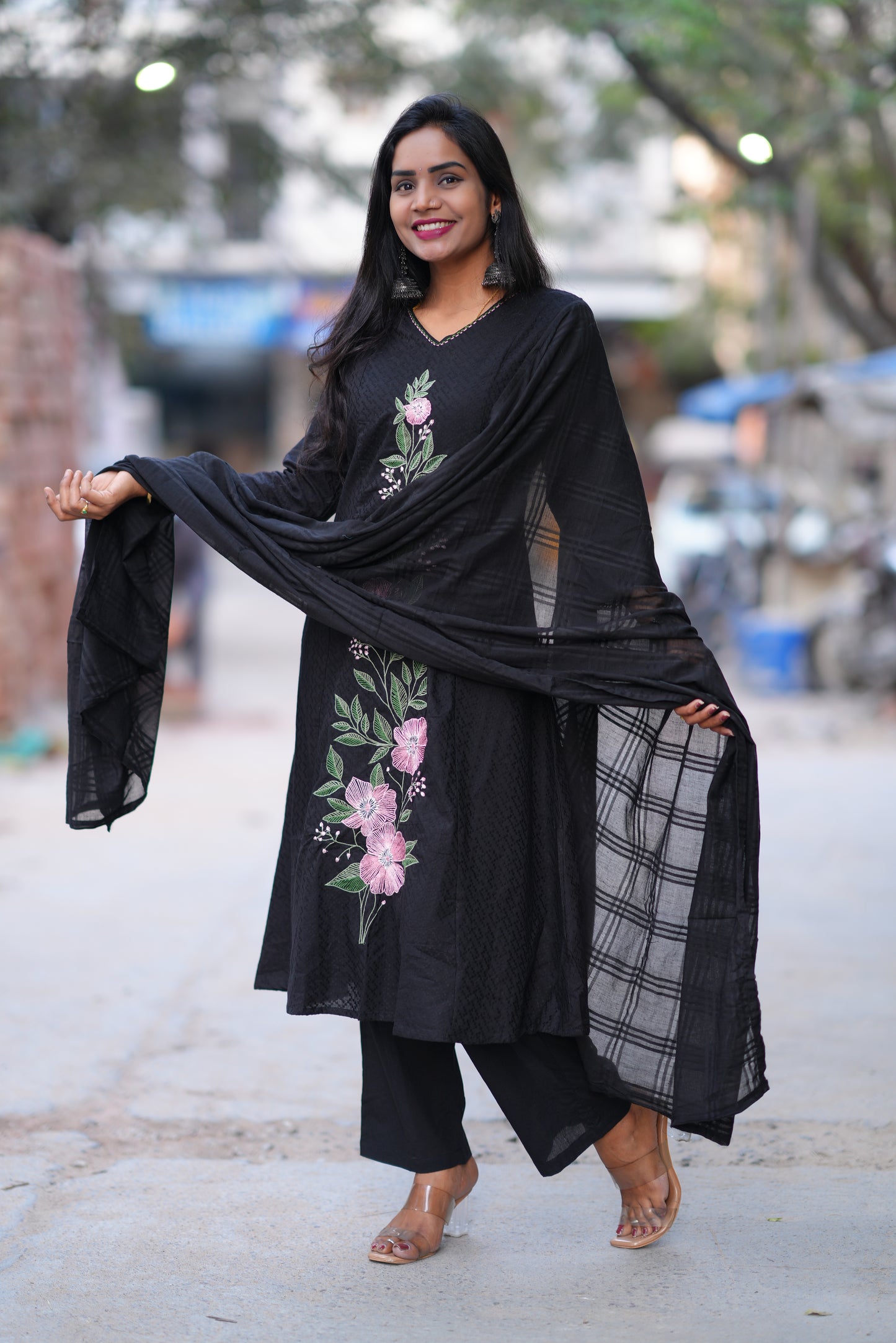 Black Color Pure Mul Cotton with Embroidery Work and Complete lining