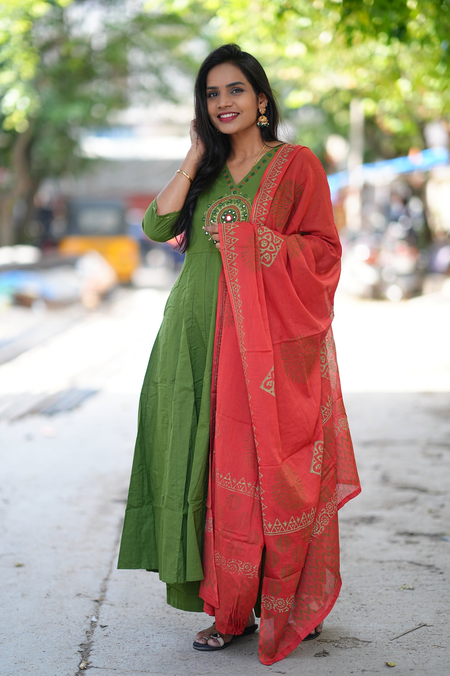 Green Color Kali Patten Anarkali 3 Piece Set With Contrast Duppata