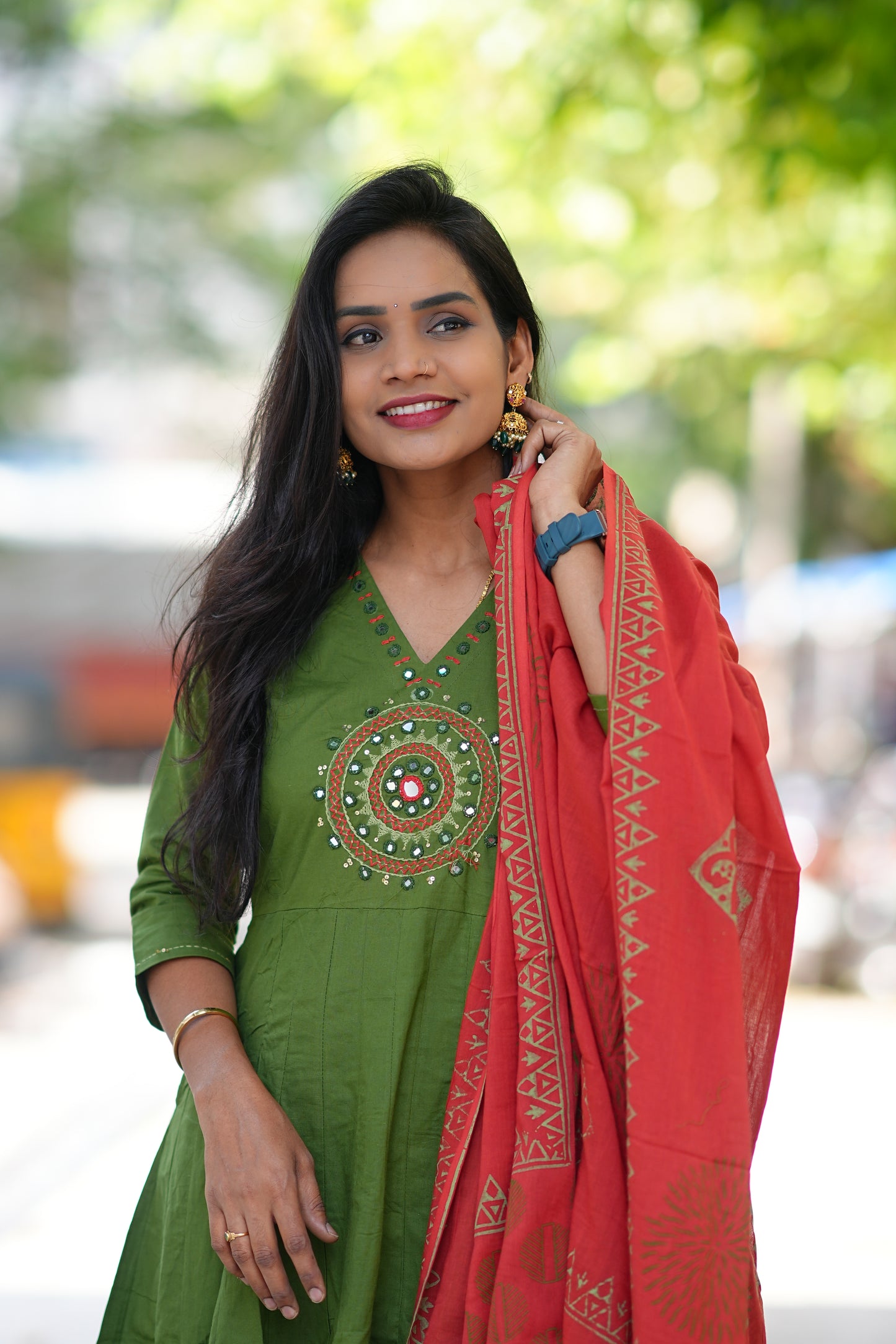 Green Color Kali Patten Anarkali 3 Piece Set With Contrast Duppata