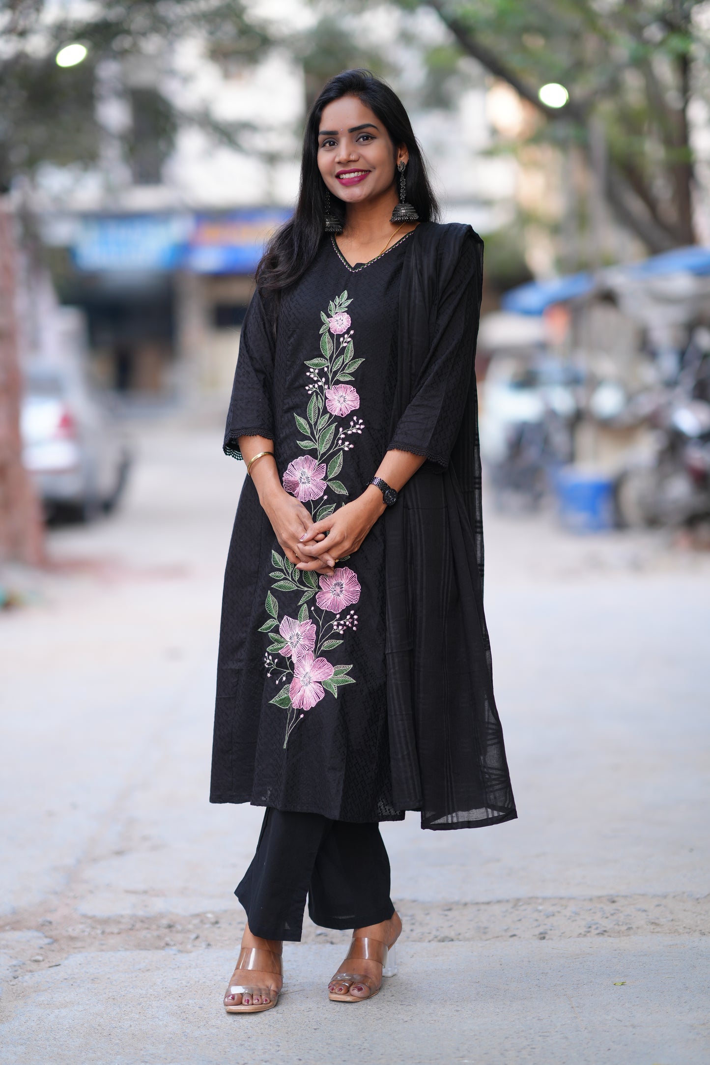 Black Color Pure Mul Cotton with Embroidery Work and Complete lining