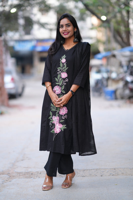 Black Color Pure Mul Cotton with Embroidery Work and Complete lining