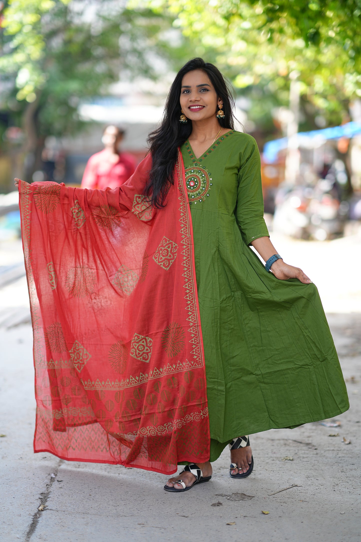 Green Color Kali Patten Anarkali 3 Piece Set With Contrast Duppata