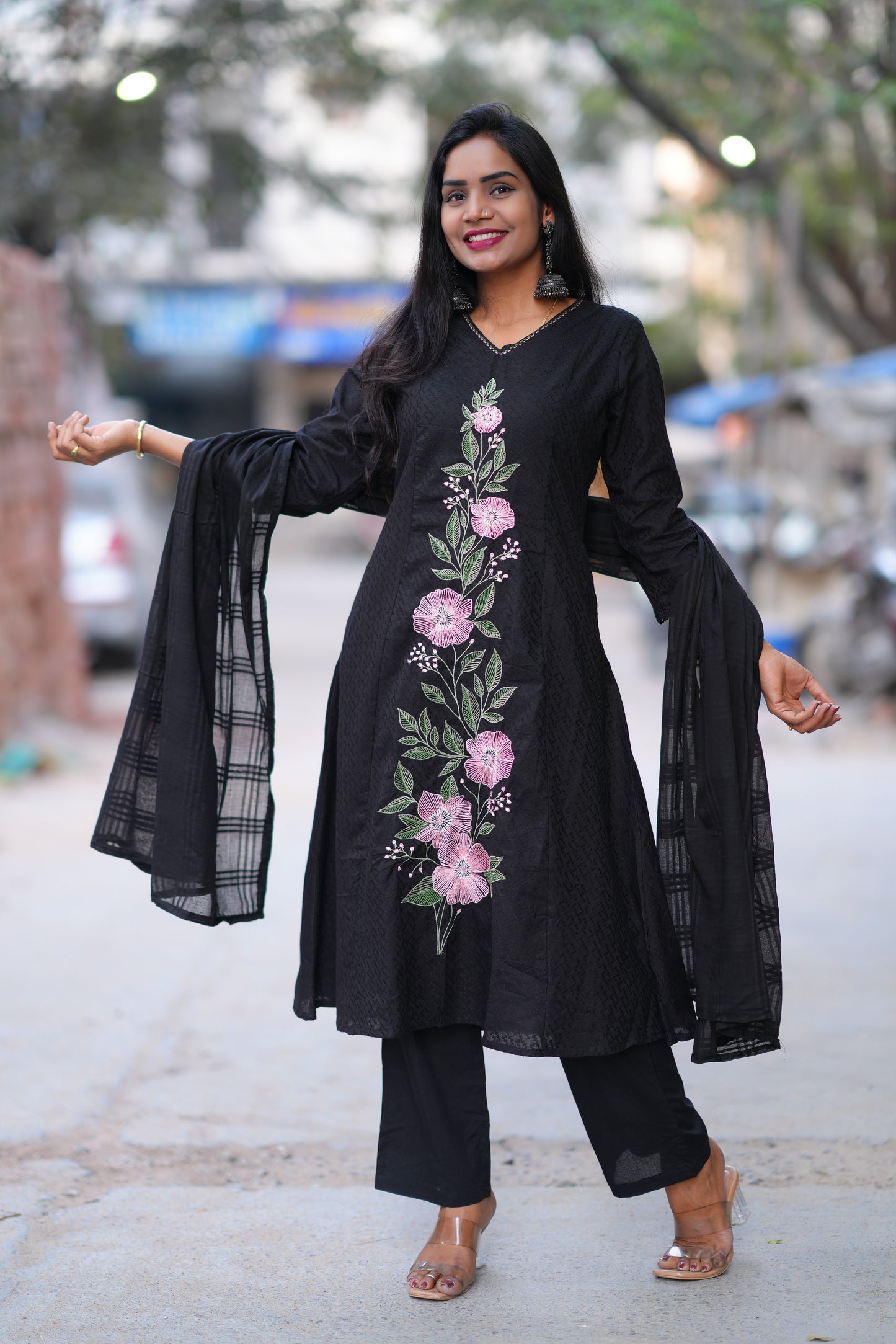 Black Color Pure Mul Cotton with Embroidery Work and Complete lining
