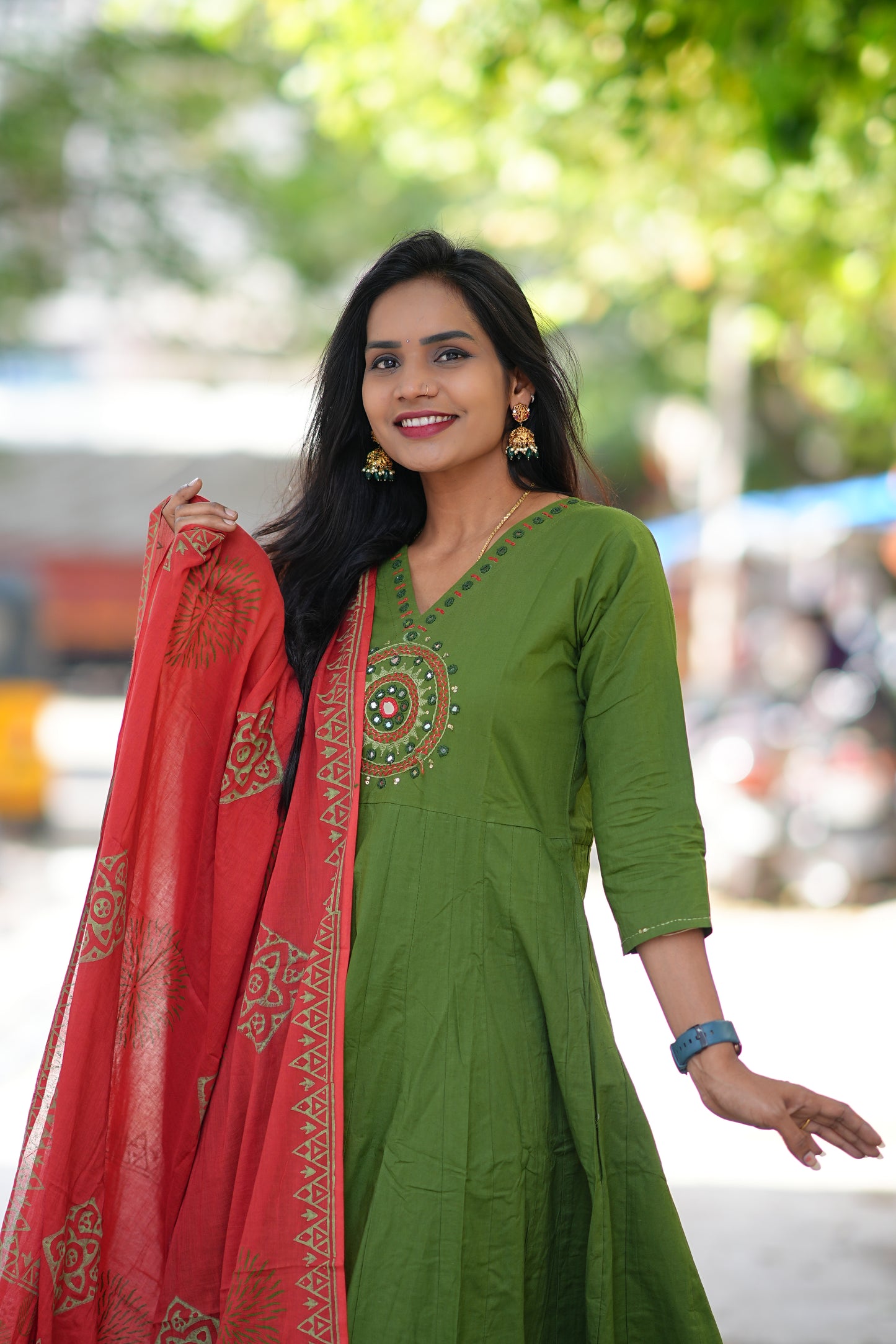 Green Color Kali Patten Anarkali 3 Piece Set With Contrast Duppata