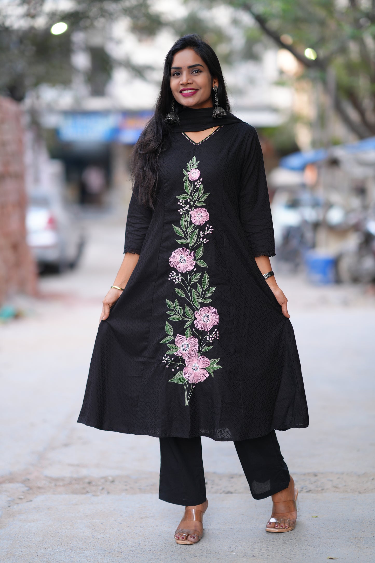 Black Color Pure Mul Cotton with Embroidery Work and Complete lining