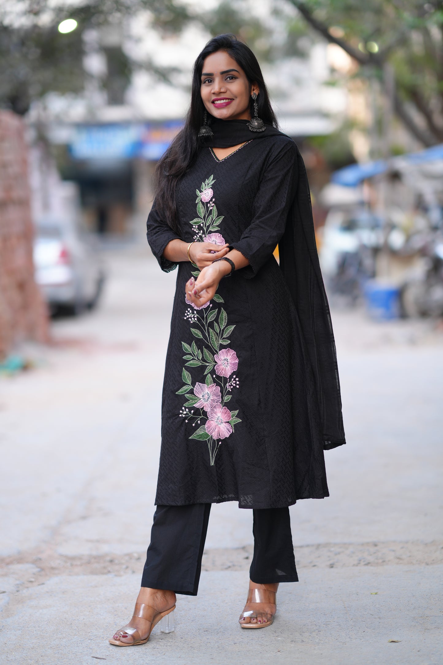 Black Color Pure Mul Cotton with Embroidery Work and Complete lining