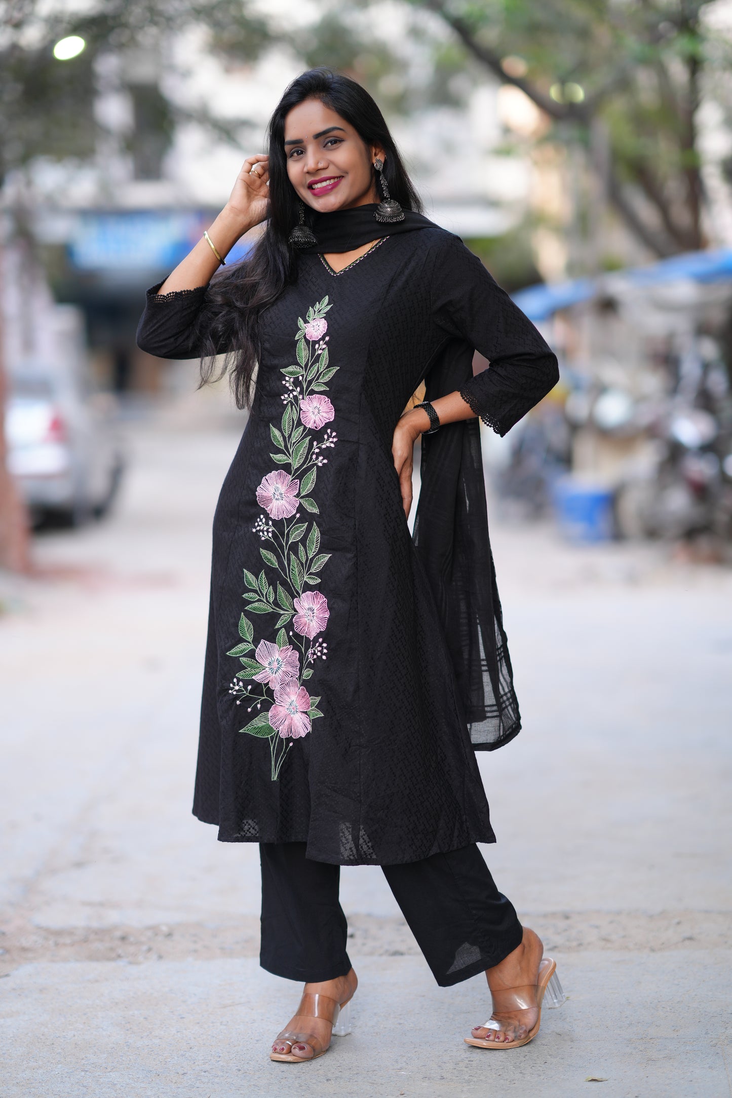 Black Color Pure Mul Cotton with Embroidery Work and Complete lining