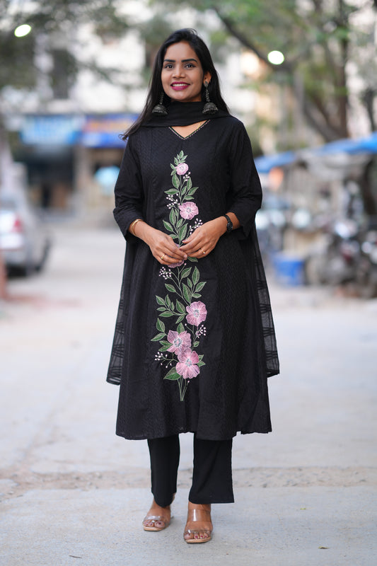 Black Color Pure Mul Cotton with Embroidery Work and Complete lining