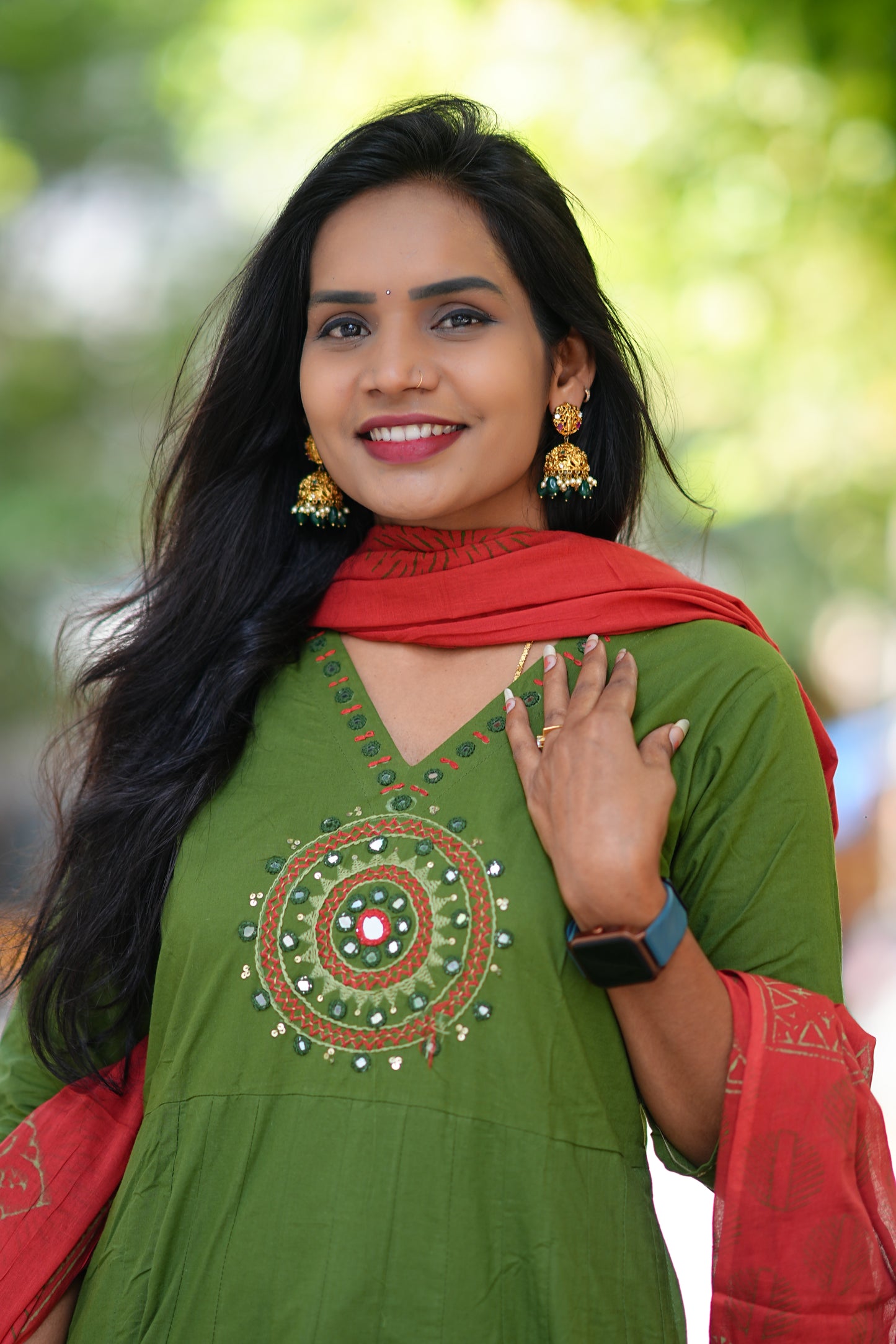 Green Color Kali Patten Anarkali 3 Piece Set With Contrast Duppata