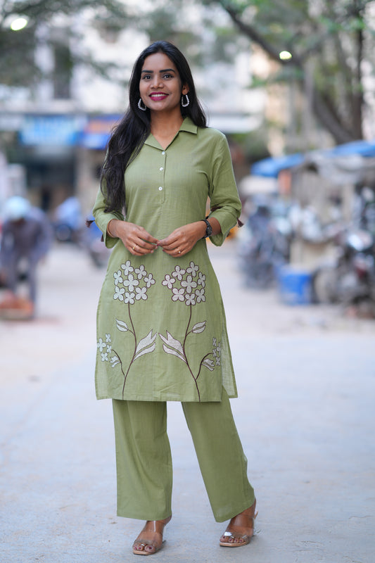 Mehendi Green Color Jaipur Cotton Office Wear Coord Set With Embroidery Work