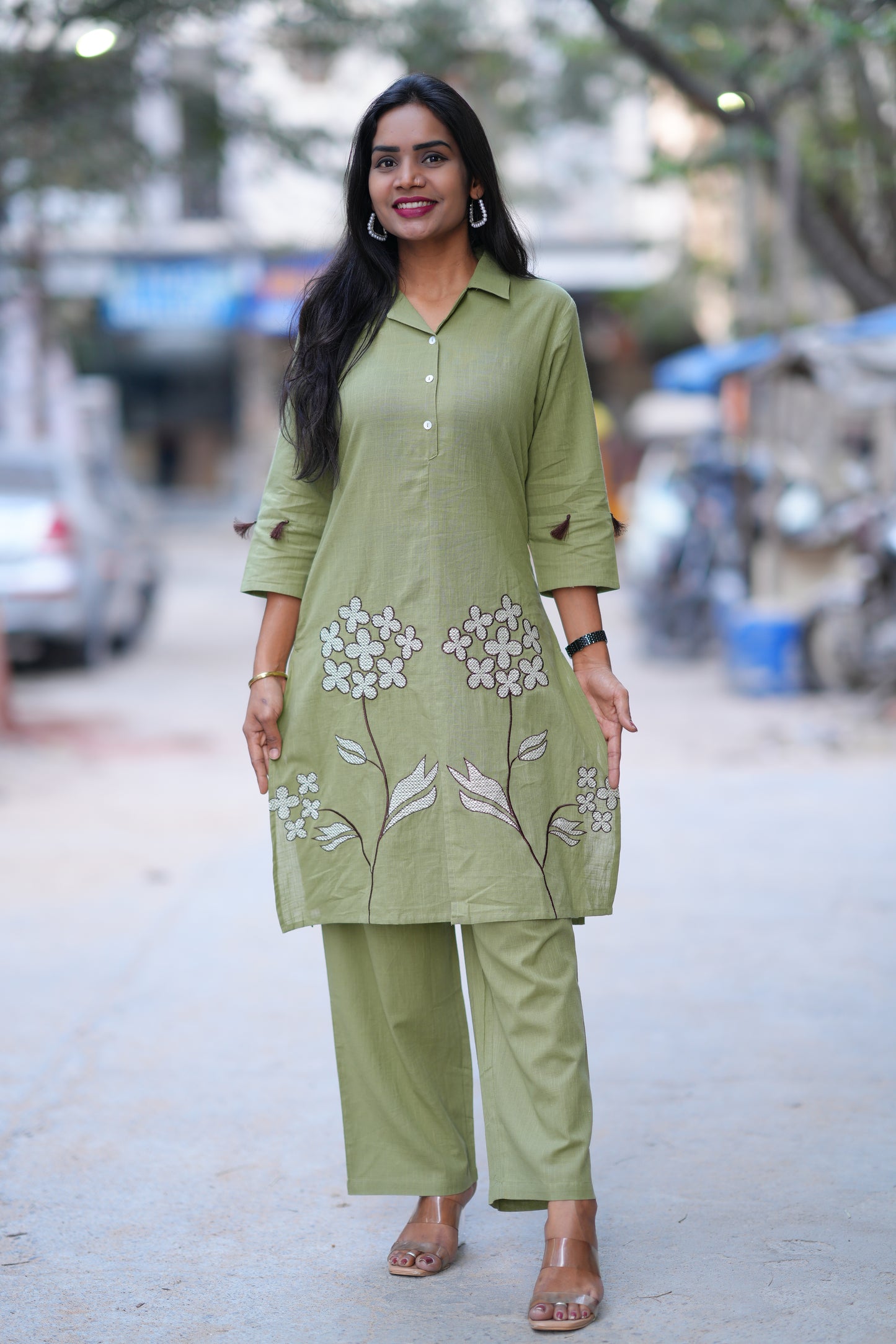 Mehendi Green Color Jaipur Cotton Office Wear Coord Set With Embroidery Work