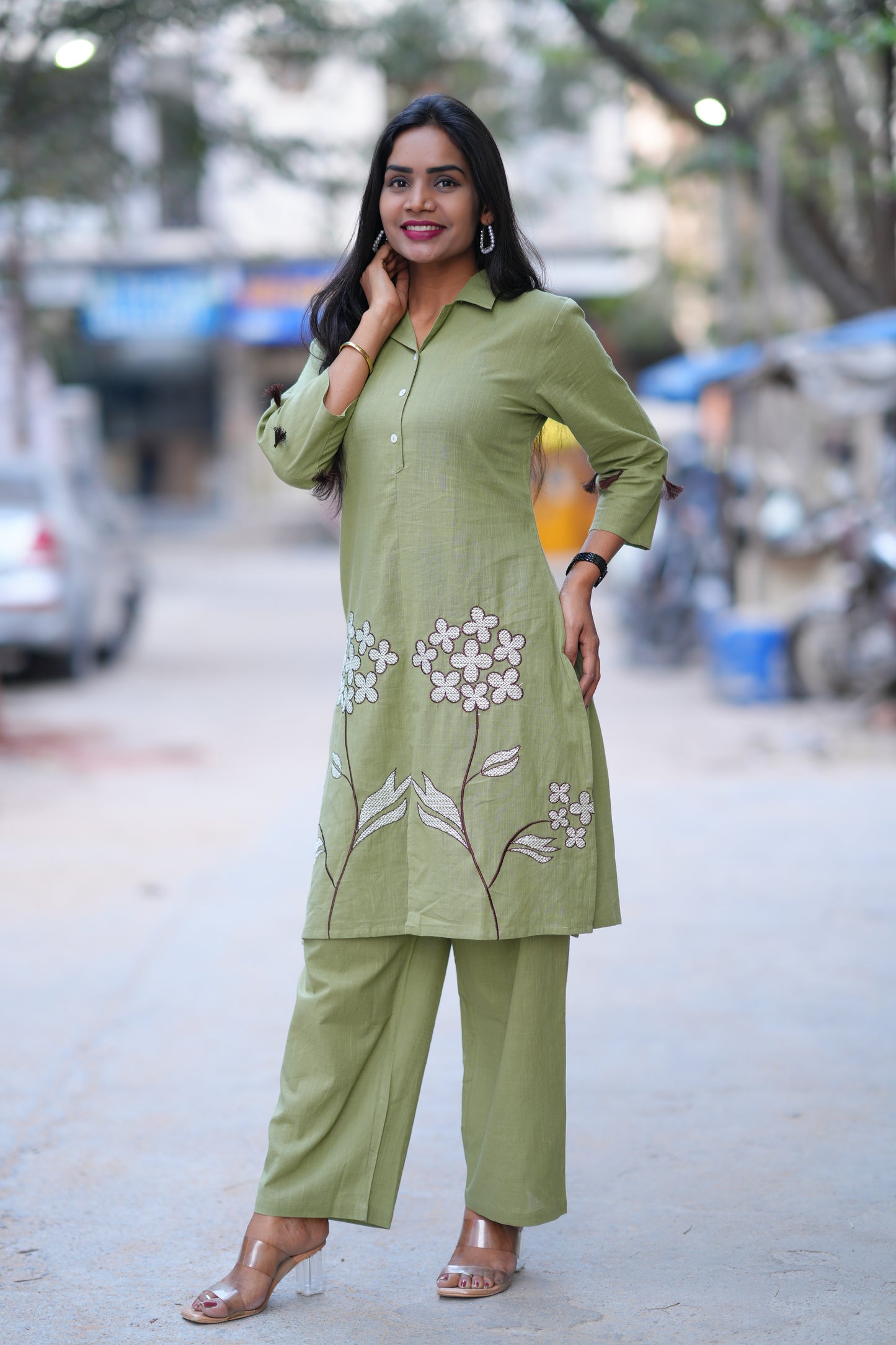 Mehendi Green Color Jaipur Cotton Office Wear Coord Set With Embroidery Work